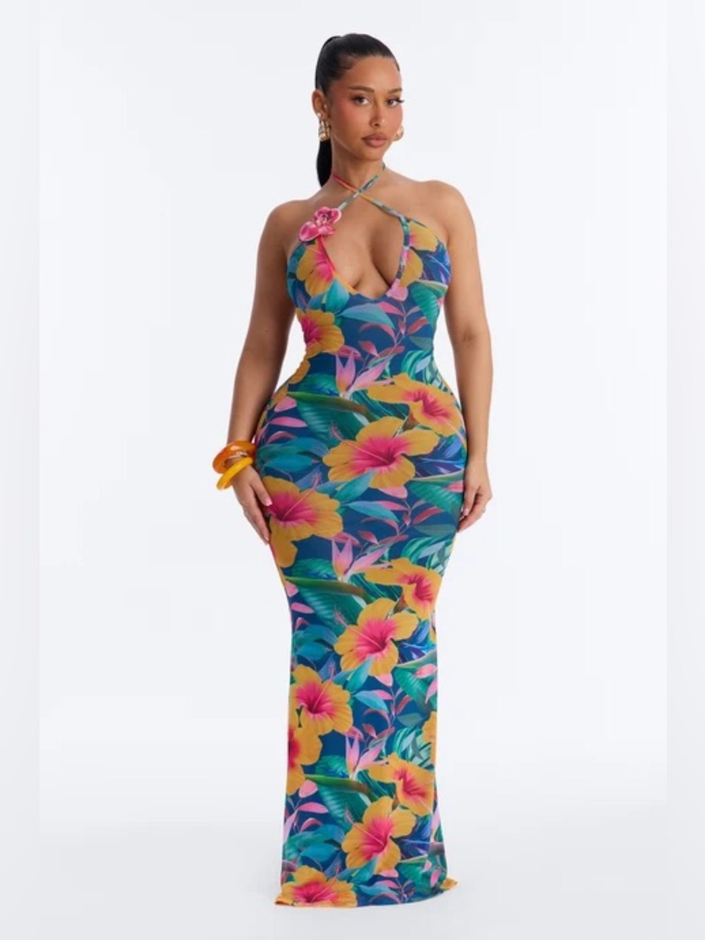 Floral Halter Maxi Dress in Teal with Pink & Yellow Blooms